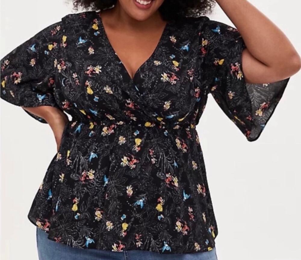 Torrid x Disney Princess 2X Cinderella Mice Gus Blue Bird Faux Wrap Babydoll Top